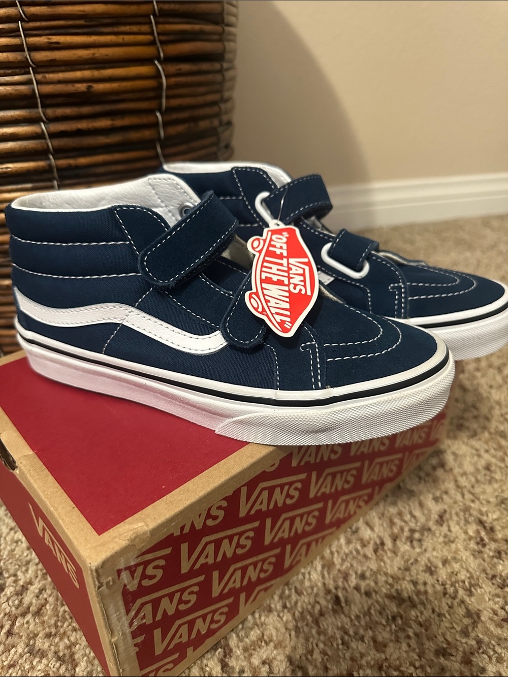 Vans Kids Navy Blue Mid-Top Velcro Skate Sneakers with White Stripe
